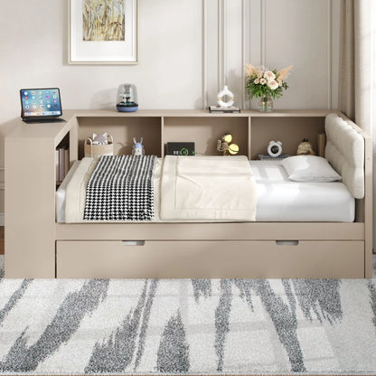 Upholstered Headboard Platform Bed With Storage Shelves, Trundle, Charging Station Hearth and Haven