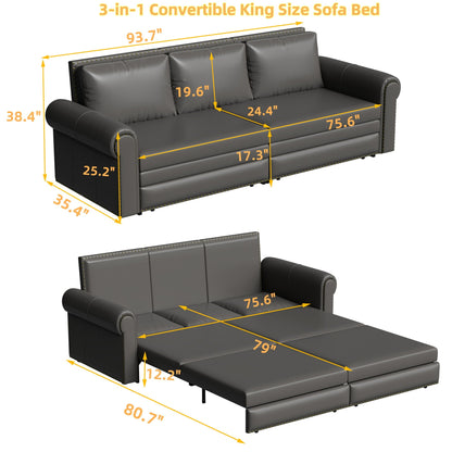 3 In 1 Convertible Sleeper Sofa With Nailhead Trim & Rolled Arm Home Essentials
