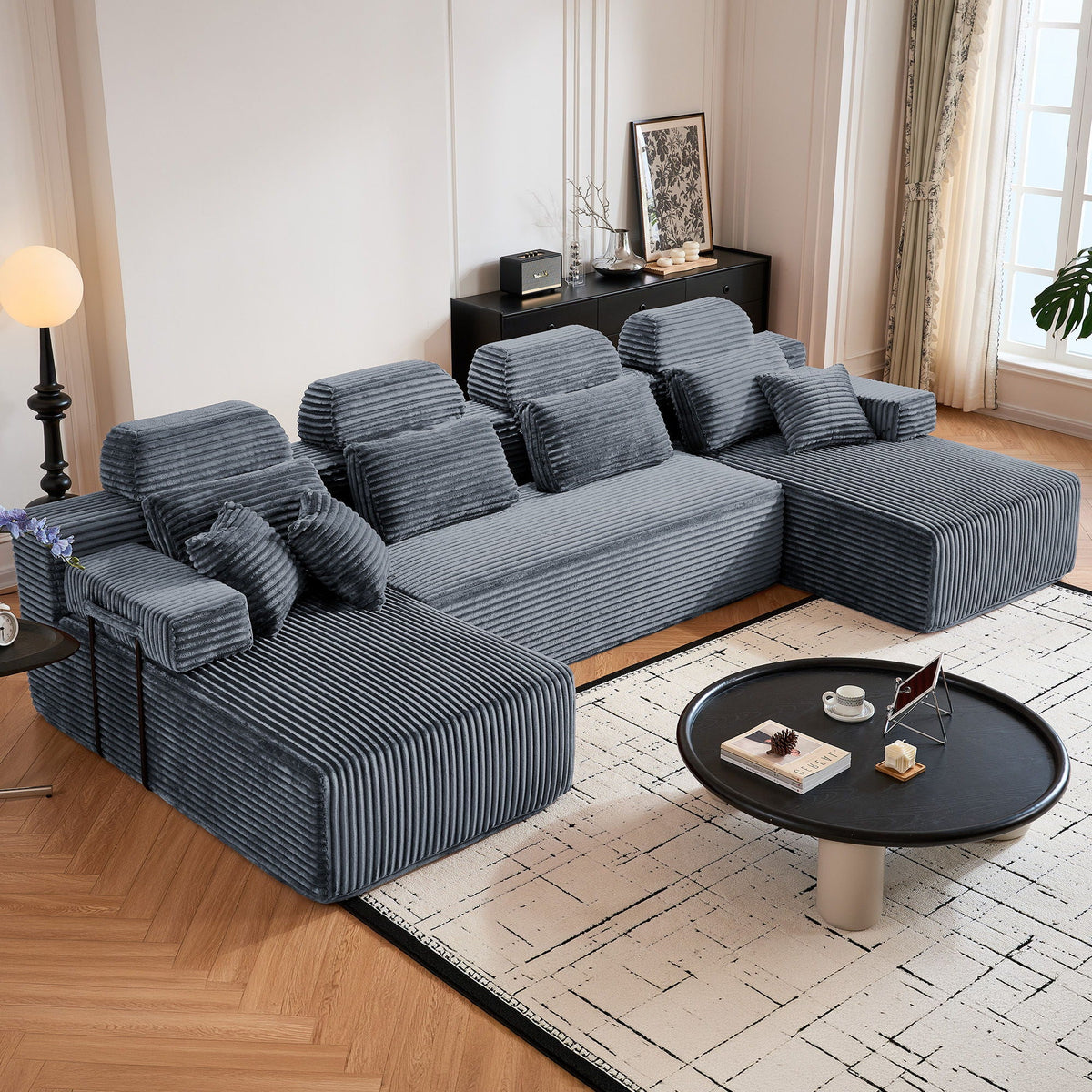 Sectional Sleeper Sofa & Storage Pockets, Modular Couch With Throw Pillows For Living Room Home Essentials