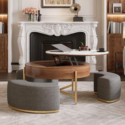 Lift Top Round Coffee Table With Hidden Storage, 3 Upholstered Nesting Ottomans - Brown / Gray / Golden / White Home Essentials