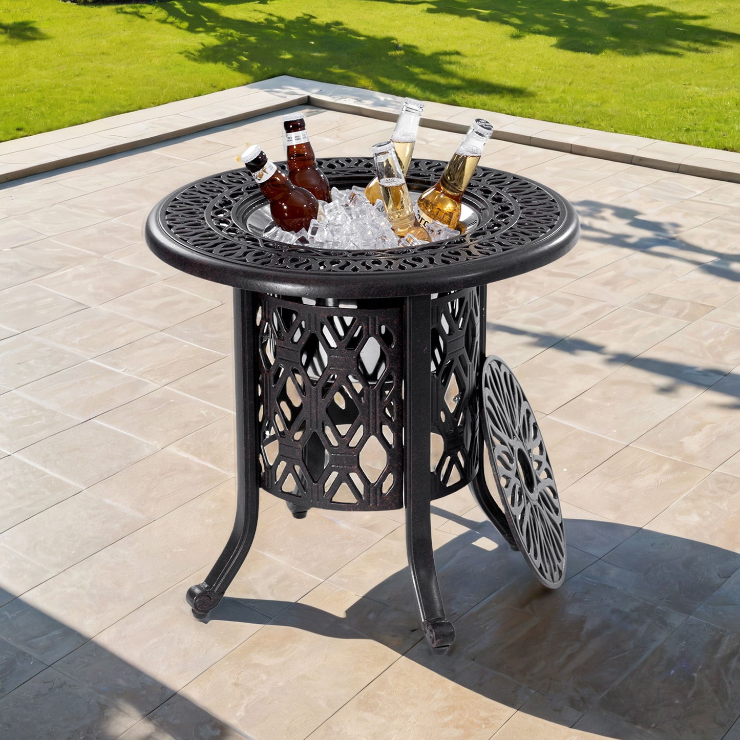 Side Table With Removable Ice Bucket, Hand Brushed Finish, Food Grade Bucket For Indoor & Outdoor Use - Antique Bronze Life Outside