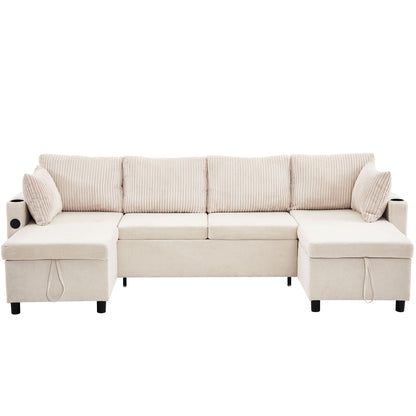 Sectional Sofa Bed With Pull Out Sleeper, USB Ports, Cup Holders Hearth and Haven