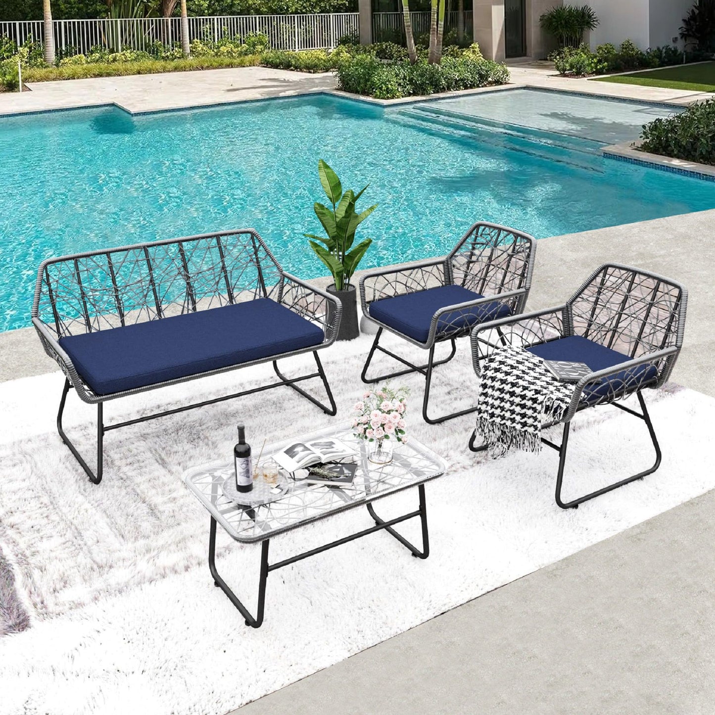 4 Piece Wicker Patio Furniture Set With Tempered Glass Table And Detachable Cushions Home Essentials