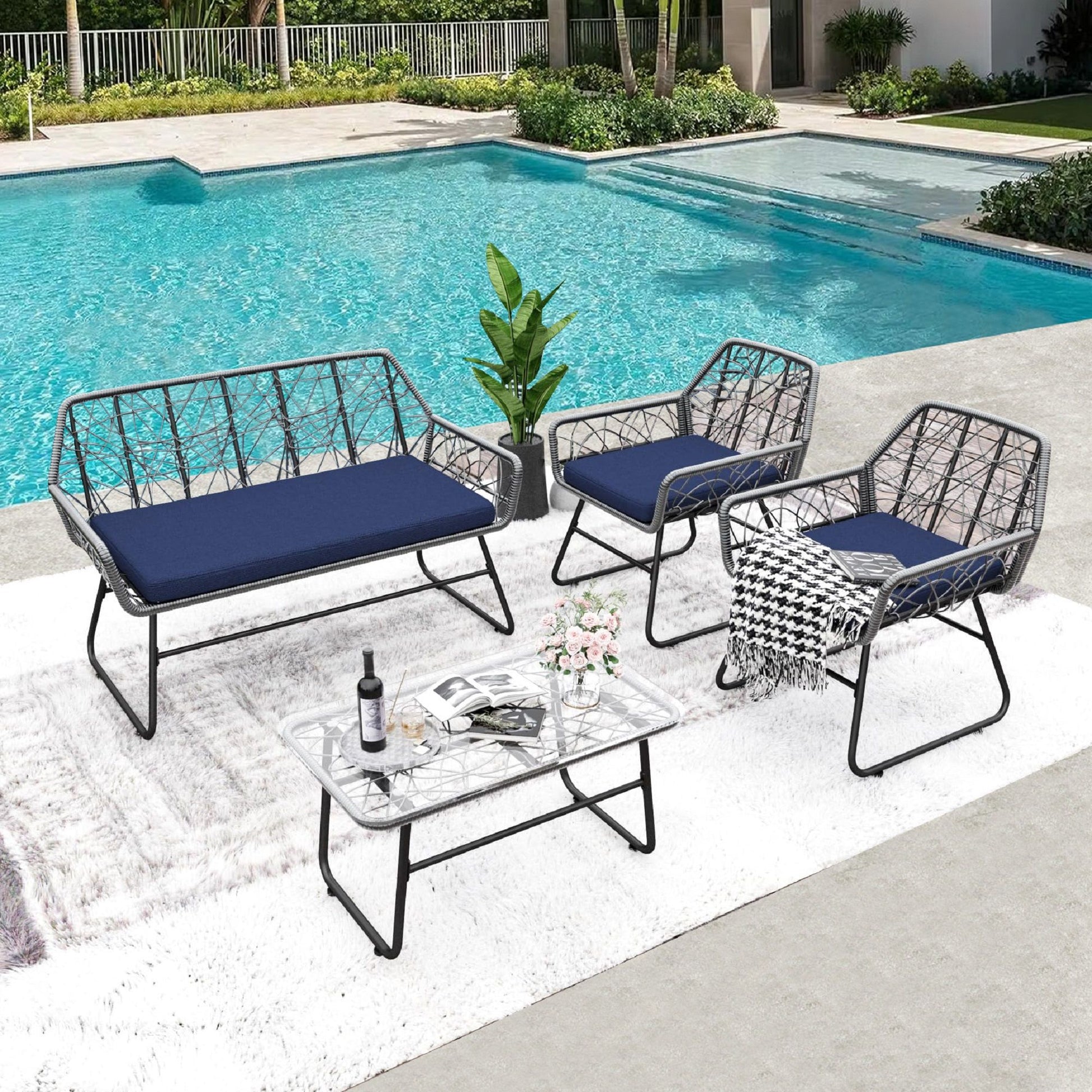 4 Piece Wicker Patio Furniture Set With Tempered Glass Table And Detachable Cushions Home Essentials