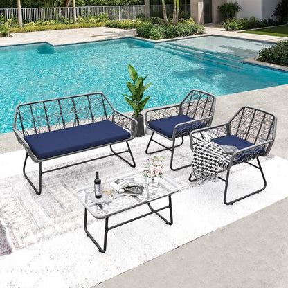 4 Piece Wicker Patio Furniture Set With Tempered Glass Table And Detachable Cushions Home Essentials
