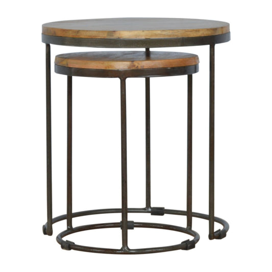 Round Stool Table With Iron Base (Set of 2) - Brown / Black Artisan Furniture