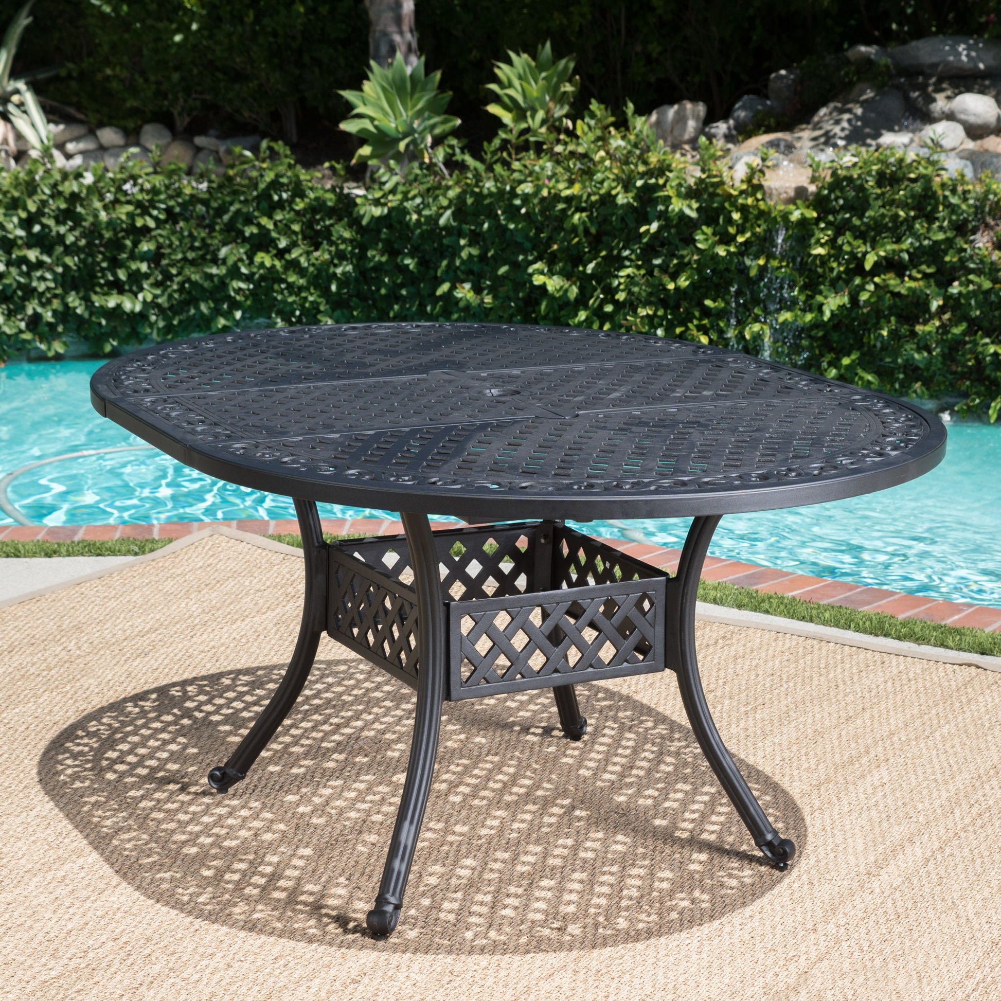 Outdoor Expandable Aluminum Dining Table With Latticework Details And Curvy Legs Noble House