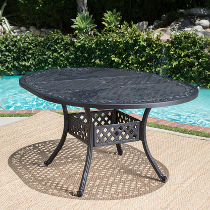 Outdoor Expandable Aluminum Dining Table With Latticework Details And Curvy Legs Noble House
