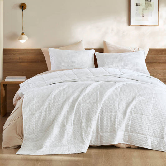 Mina - King/California King Waffle Weave Textured Quilt Set - White Super Listing
