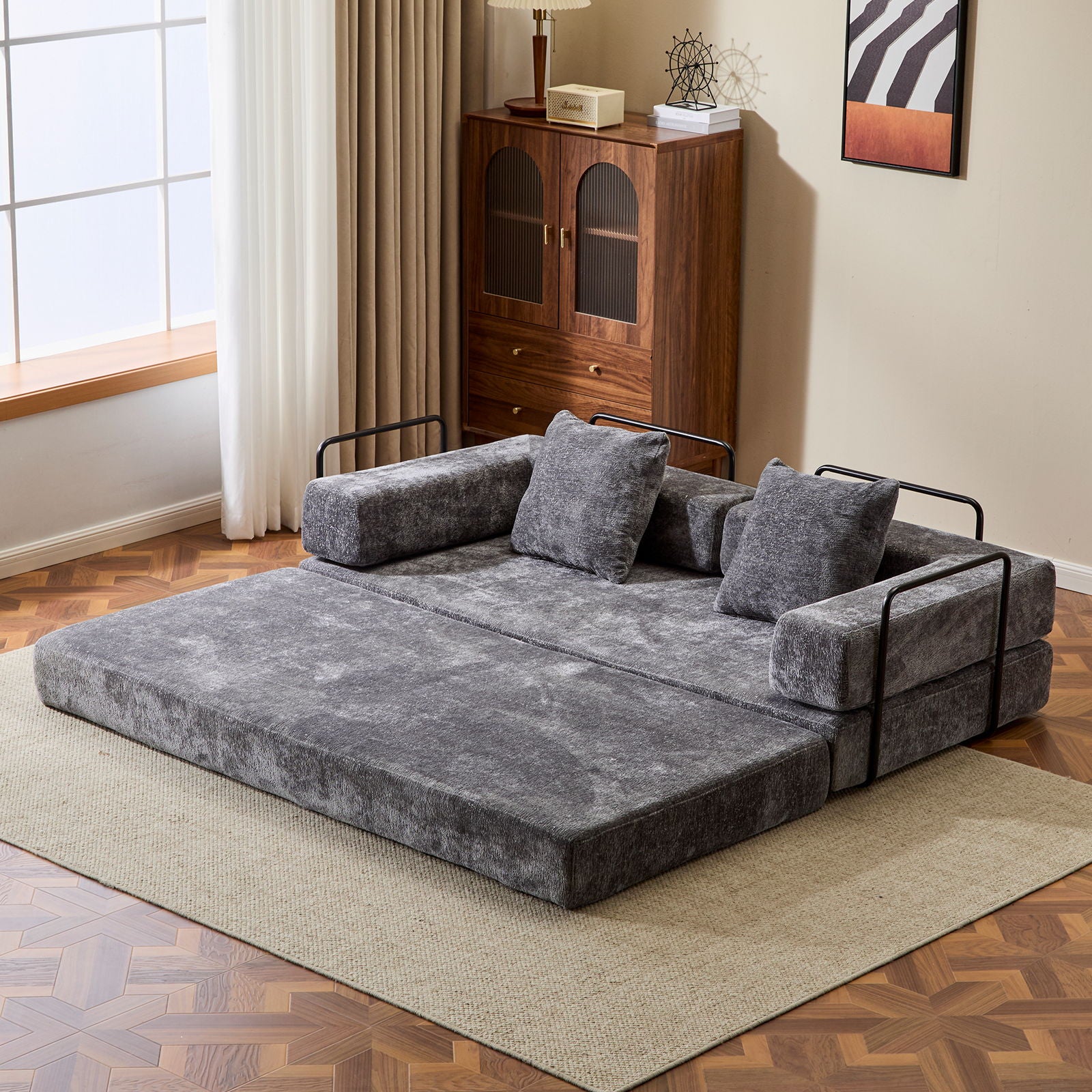 Convertible Floor Sofa Bed With Pillow Back Support Armrest Home Essentials
