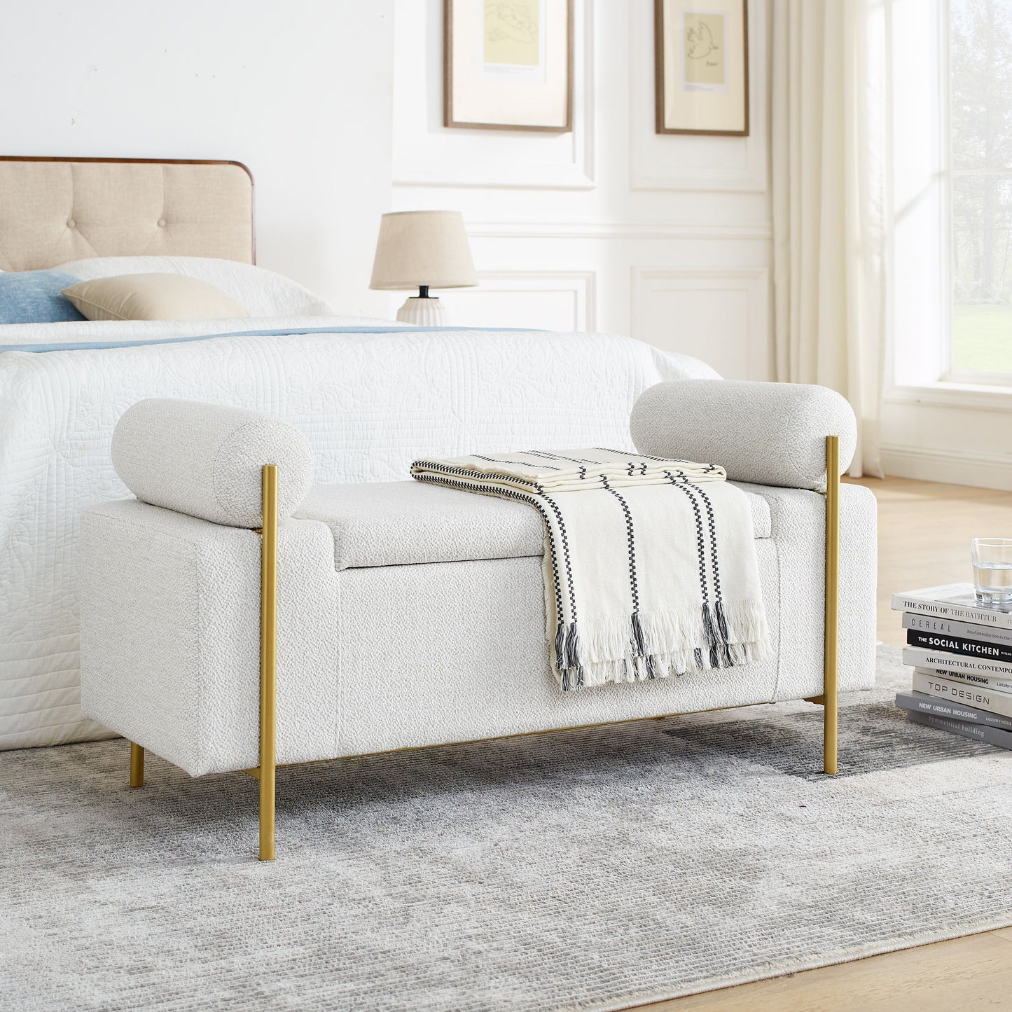 Elegant Upholstered Linen Storage Bench With Cylindrical Arms And Iron Legs, White Home Essentials