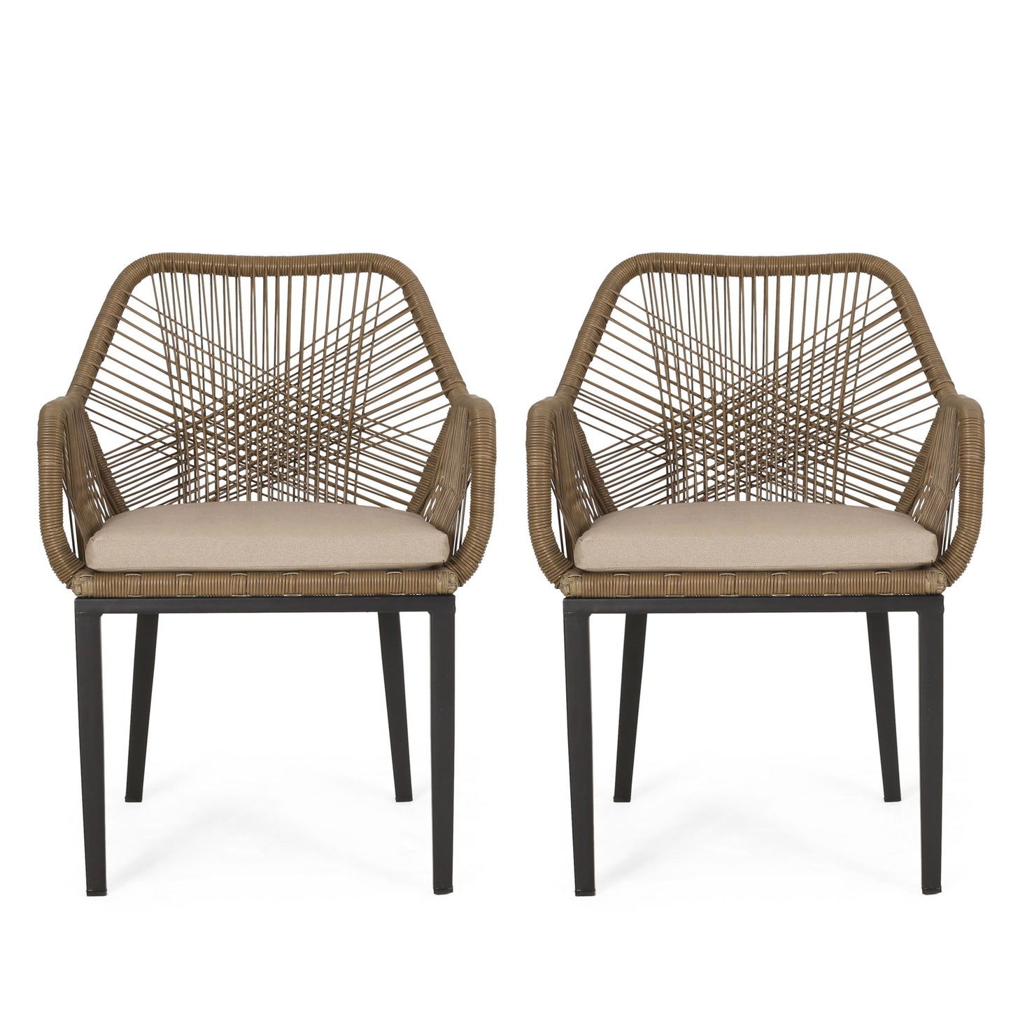 Modern Wicker Dining Club Chair With Water Resistant Cushions - Brown / Beige Noble House