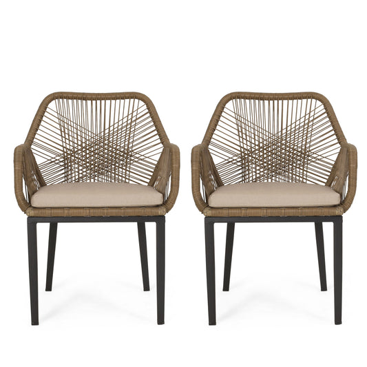 Modern Wicker Dining Club Chair With Water Resistant Cushions - Brown / Beige Noble House