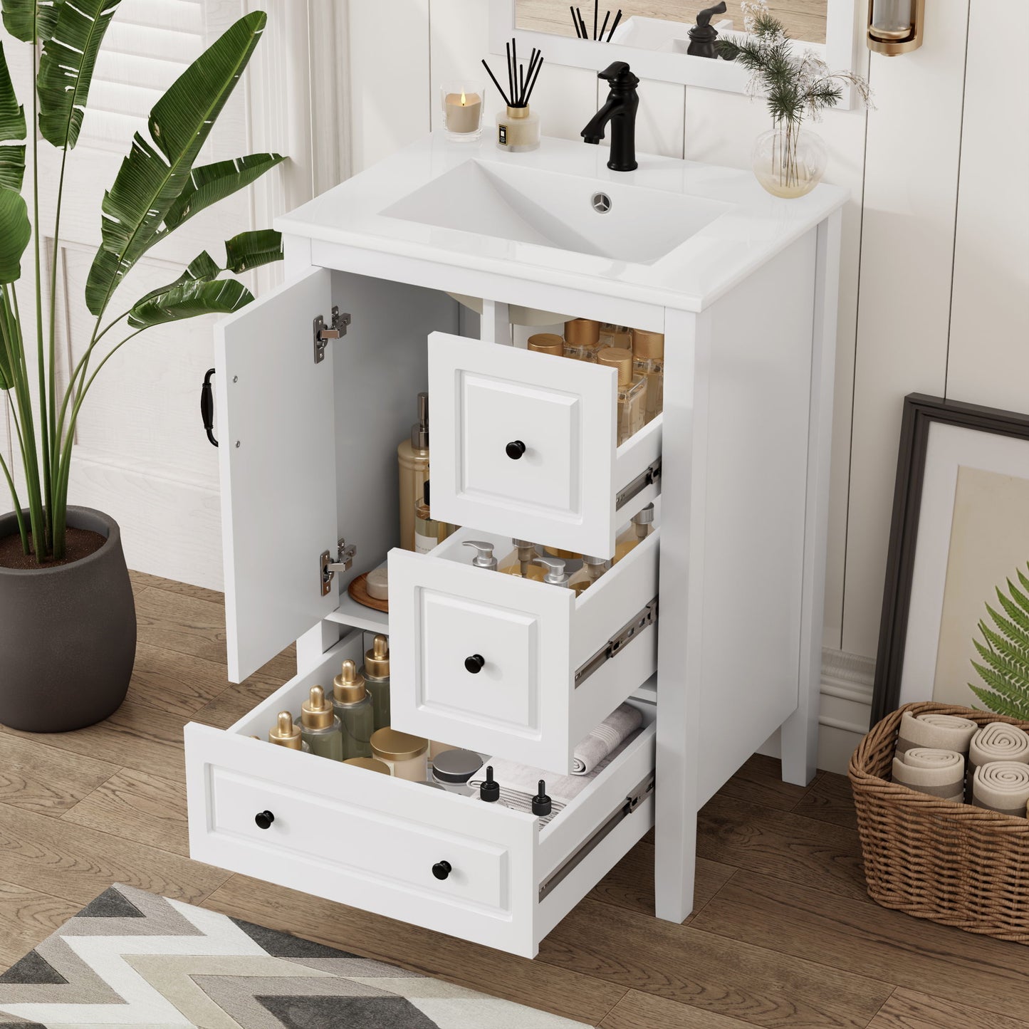 Retro Bathroom Vanity With Sink, Soft Closing Cabinet & Drawers Noble House
