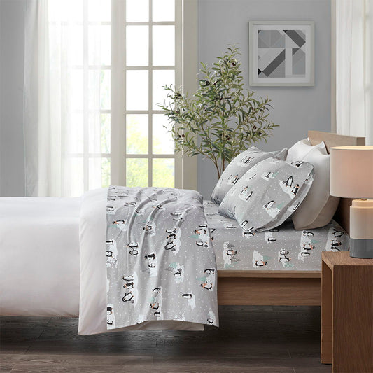 King Cozy 100% Printed Sheet Set - Gray Penguins True North by Sleep Philosophy