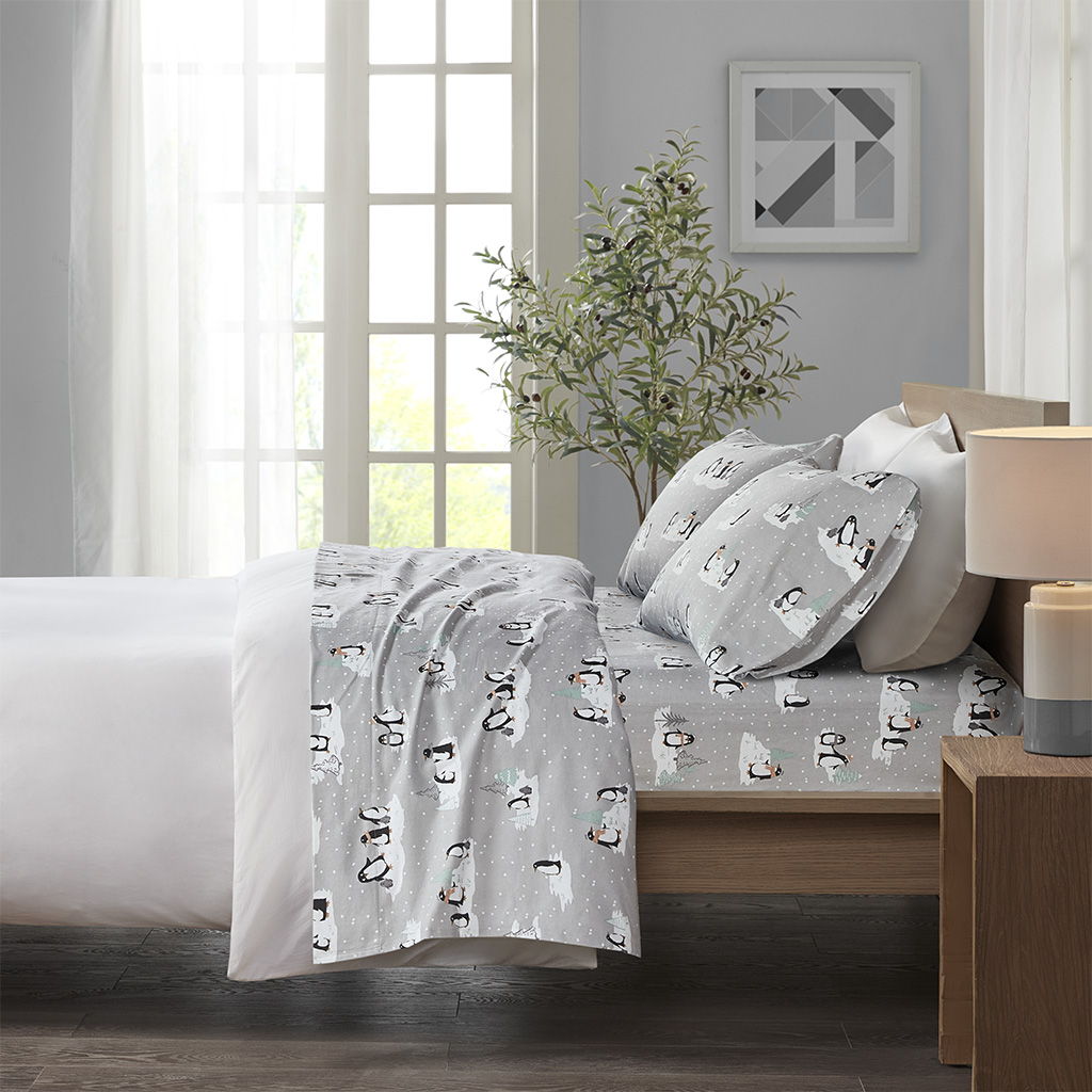 King Cozy 100% Printed Sheet Set - Gray Penguins