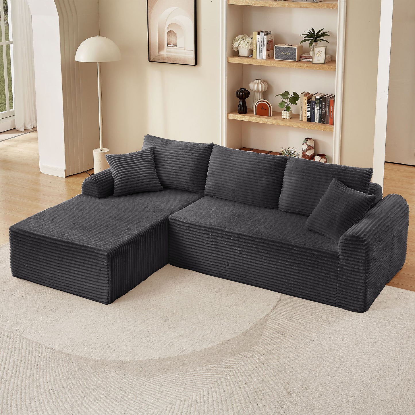 Modular Sectional With Arched Armrests, Includes 3 Back Cushions & 2 Throw Pillows