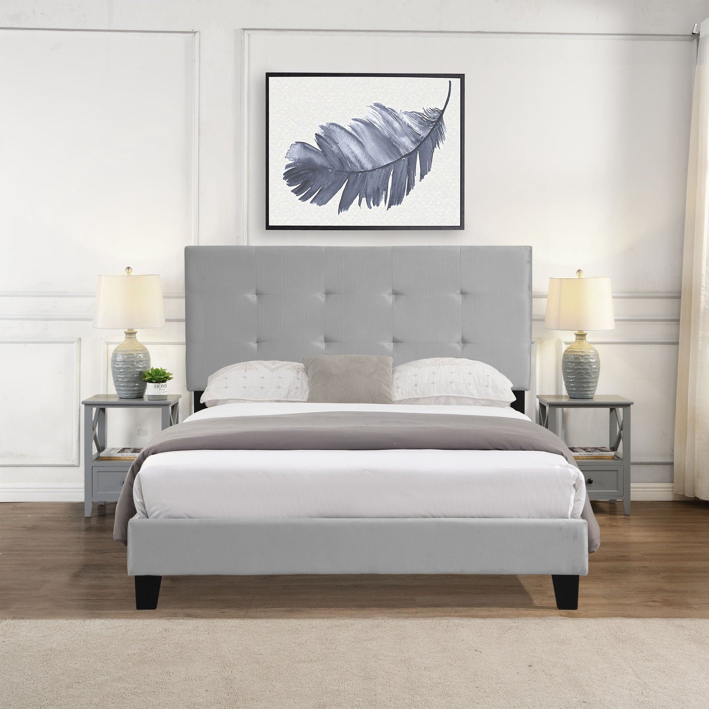 Queen Size Upholstered Platform Bed Frame With Pull Point Tufted Headboard, Strong Slat Support, Mattress Foundation, No Box Spring Needed - Gray Home Essentials