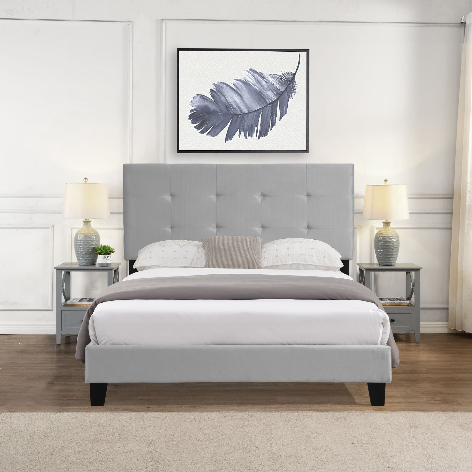 Queen Size Upholstered Platform Bed Frame With Pull Point Tufted Headboard, Strong Slat Support, Mattress Foundation, No Box Spring Needed - Gray Home Essentials