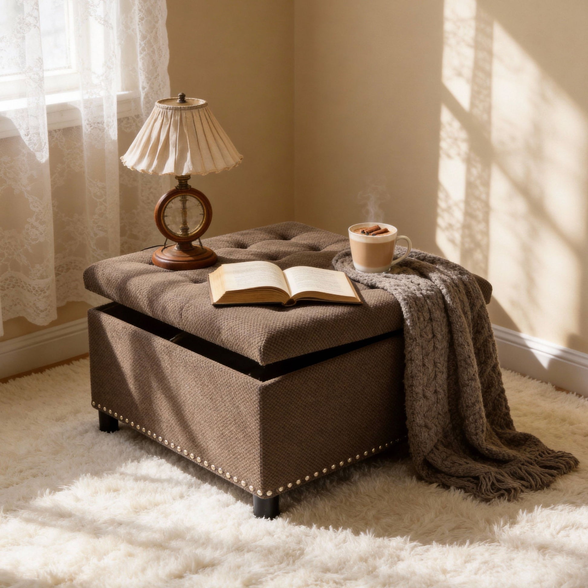 Square Tufted Storage Ottoman With Nailhead Trim Home Essentials