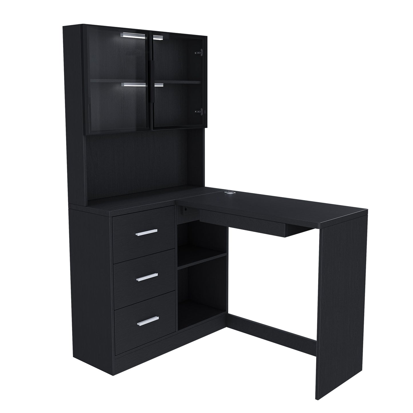 L-Shaped Computer Desk With Glass Cabinets, Built In LED Lights, USB Charging Ports Home Essentials