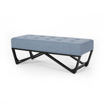 Upholstered Ottoman With Button Tufted Waffle Stitch And Black Geometric Legs - Light Blue Noble House