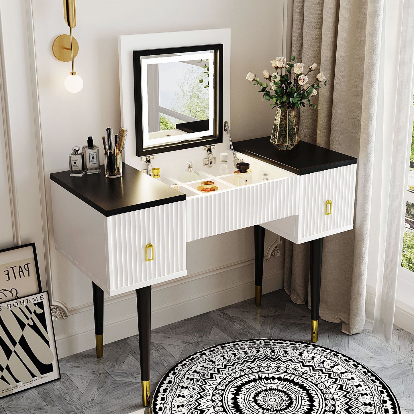 Modern Vanity Table Set With Flip-Top Mirror And Led Light, Dressing Table With Customizable Storage - White / Black