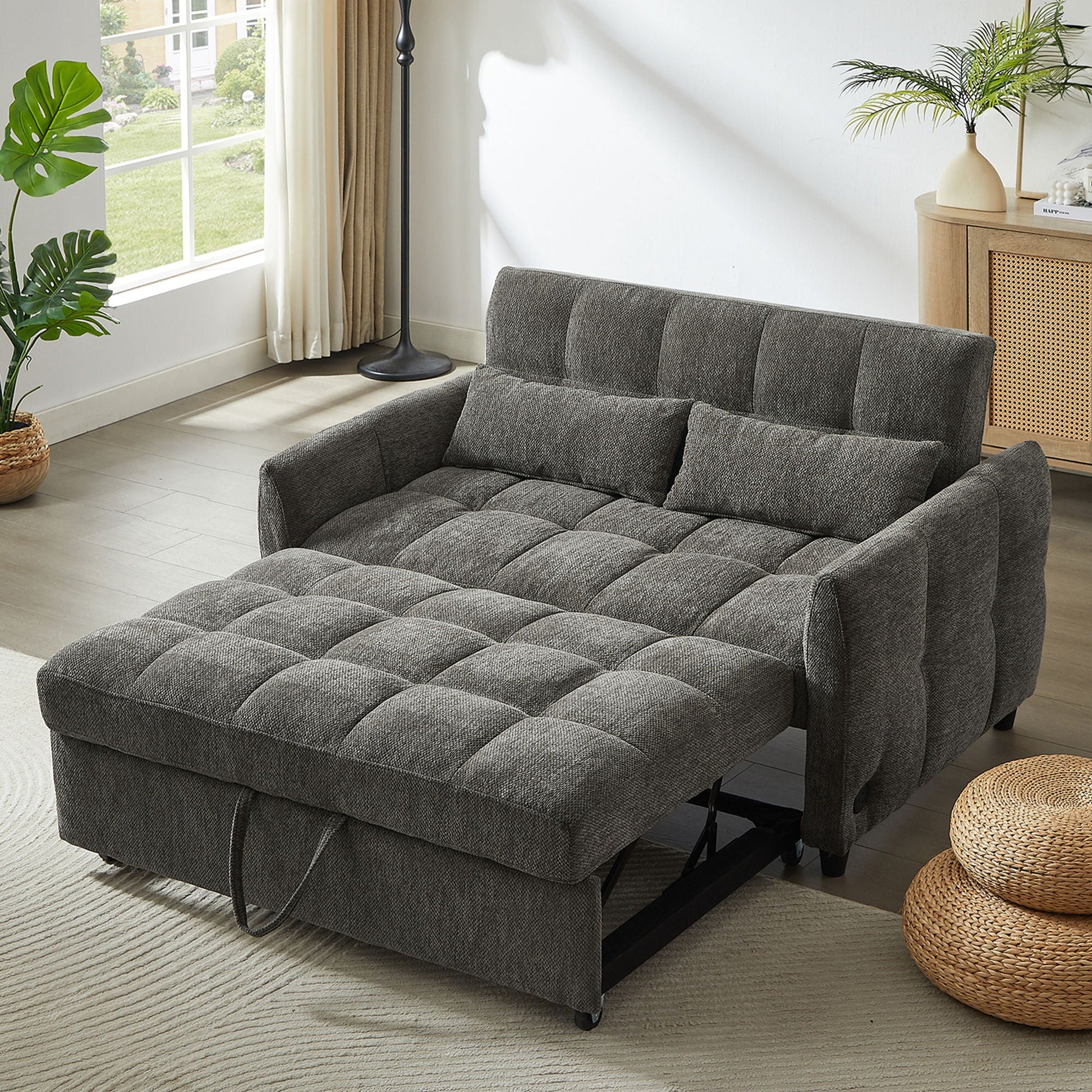 Loveseat Sofa Pull-Out Bed With Adjustable Backrest, 3 USB Ports And 2 Lumbar Pillows For Living Room Hearth and Haven