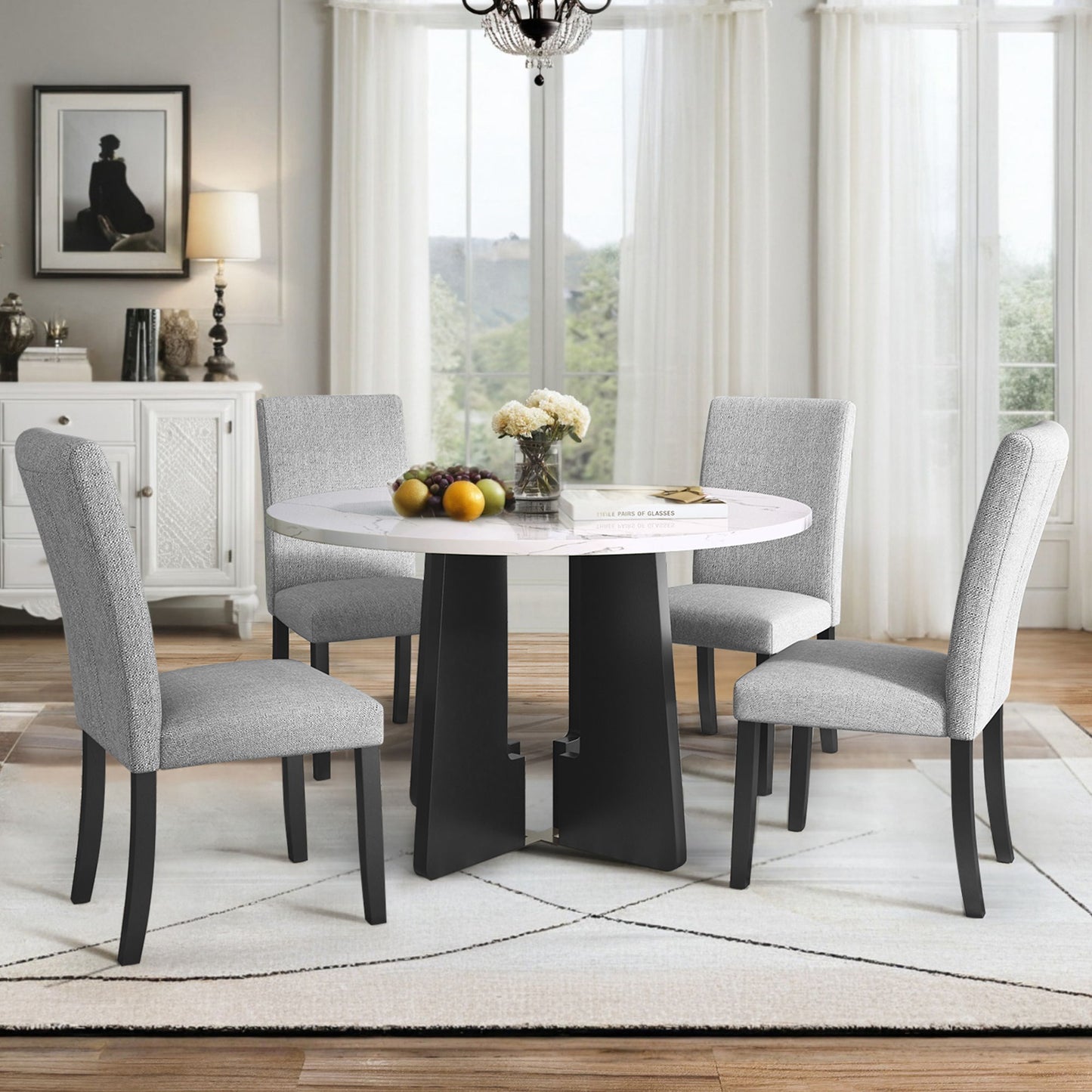 5 Piece Round Dining Table Set, Dining Table And 4 Upholstered Chairs For Dining Room, Kitchen Room, Living Room - White / Gray Hearth and Haven
