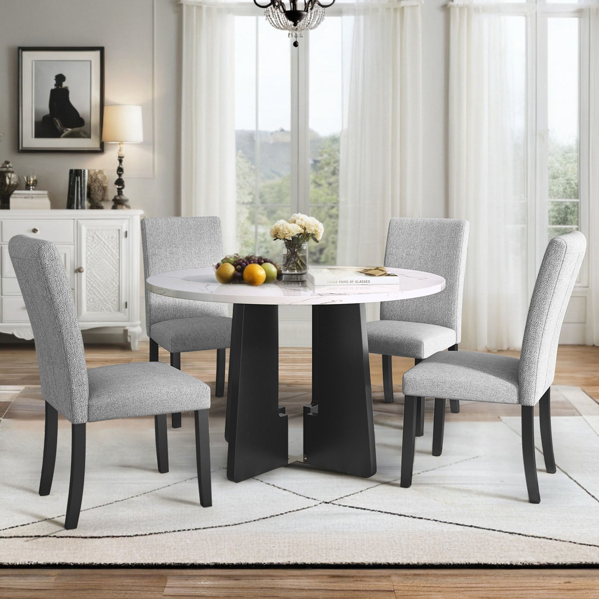 5 Piece Round Dining Table Set, Dining Table And 4 Upholstered Chairs For Dining Room, Kitchen Room, Living Room - White / Gray Hearth and Haven