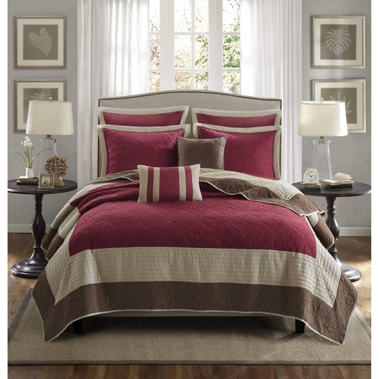 Attingham - King/California King 7 Piece Quilt Set With Euro Shams And Throw Pillows - Red Madison Park