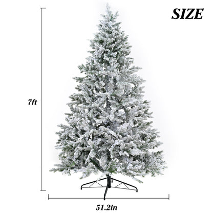 7Ft Snow Flocked Hinged Artificial Christmas Tree With Fluffy Branches And Snow Tips - White Daily Nest