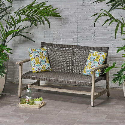 Hampton - Outdoor Wood And Wicker Loveseat - Gray Noble House