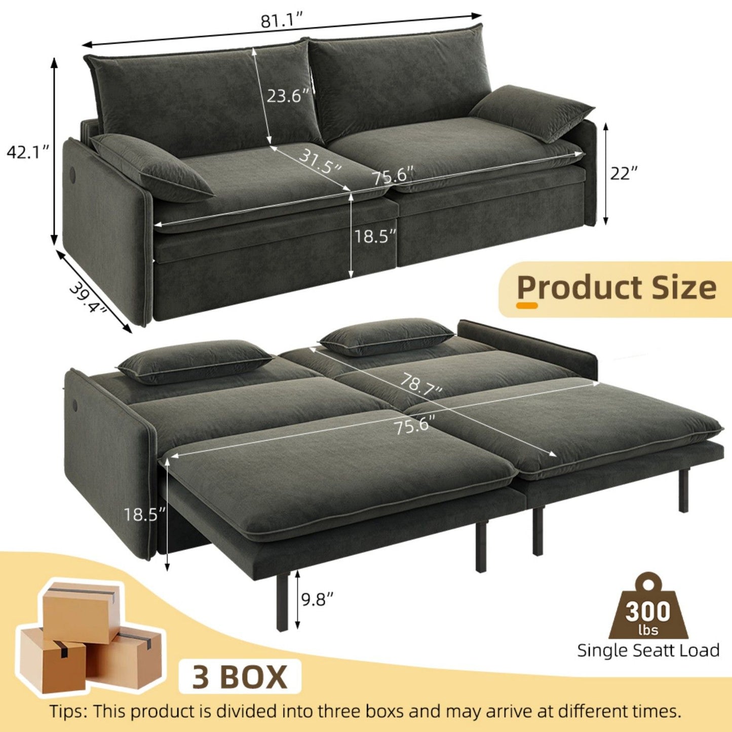 4 Seat Convertible Sleeper Sofa Bed, Modern With Storage Home Essentials