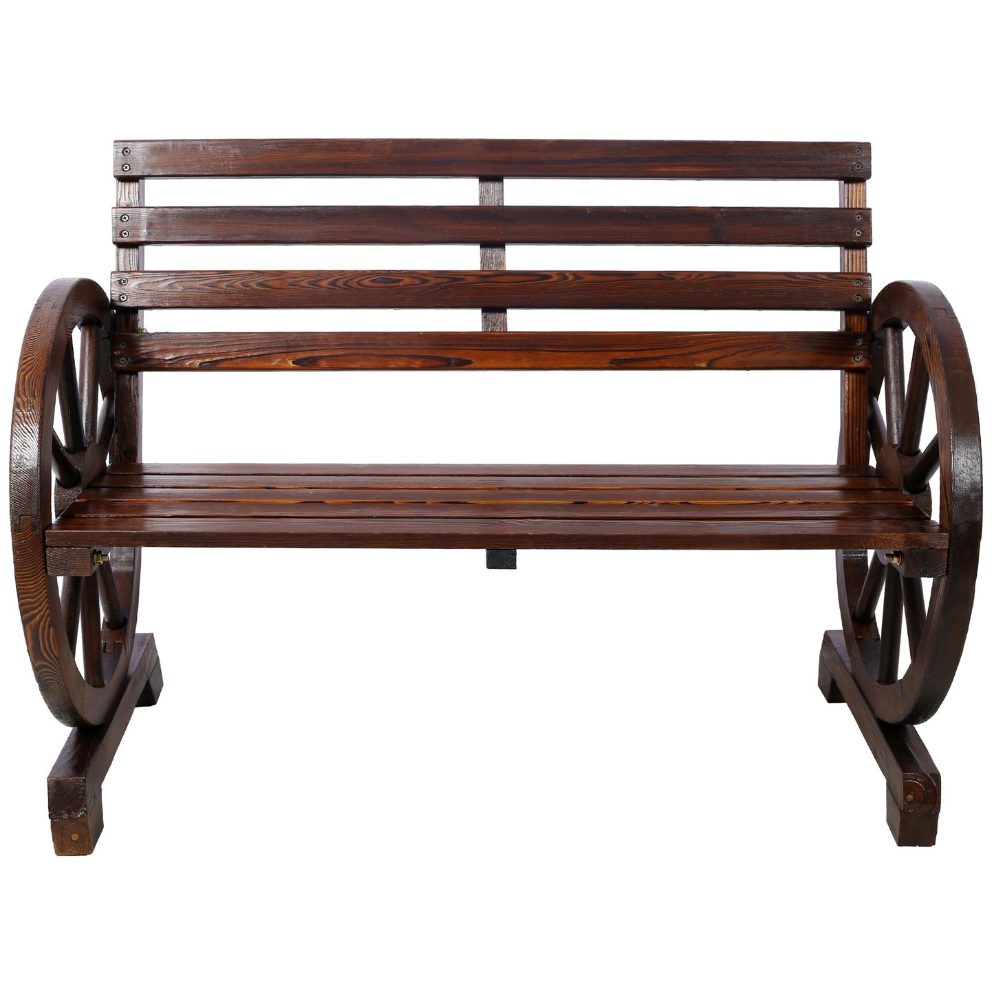 Rustic Country 2 Person Wooden Wagon Wheel Bench With Slatted Seat And Backrest - Brown Home Essentials