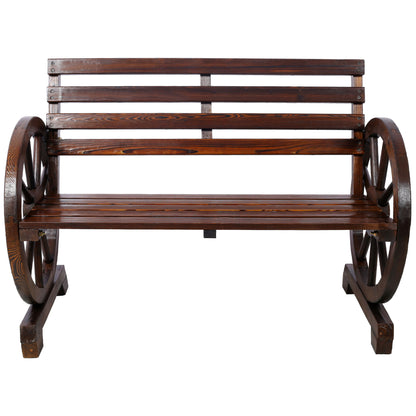 Rustic Country 2 Person Wooden Wagon Wheel Bench With Slatted Seat And Backrest - Brown Home Essentials