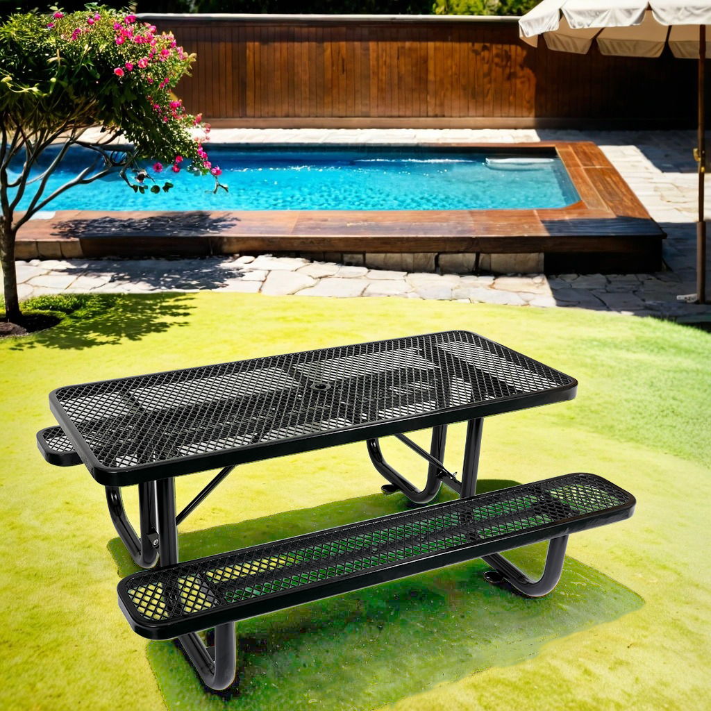 Outdoor Steel Picnic Rectangular Table With Umbrella Pole Home Essentials