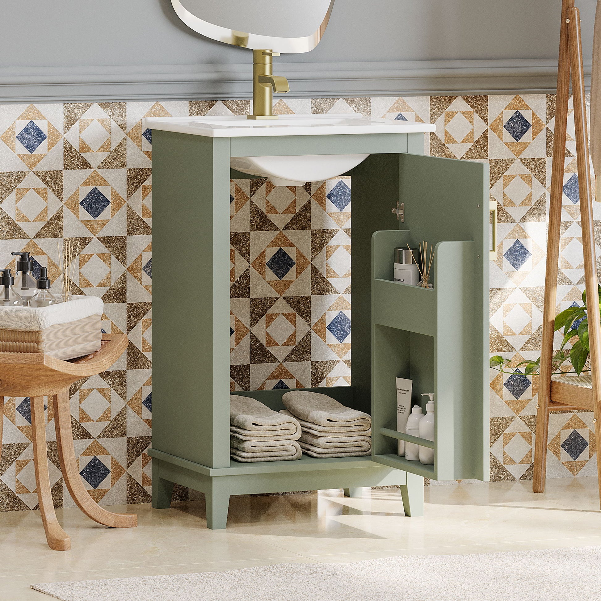 Modern Small Bathroom Vanity Cabinet With Ceramic Basin, Ample Storage, 1 Soft Close Door Hearth and Haven