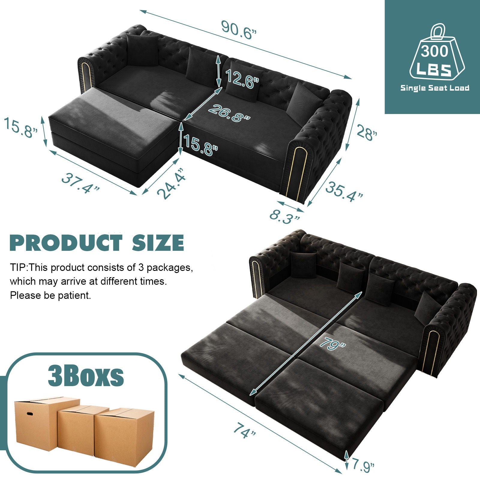 3-In-1 Convertible Sleeper Sofa With Movable Ottoman For Living Room Home Essentials