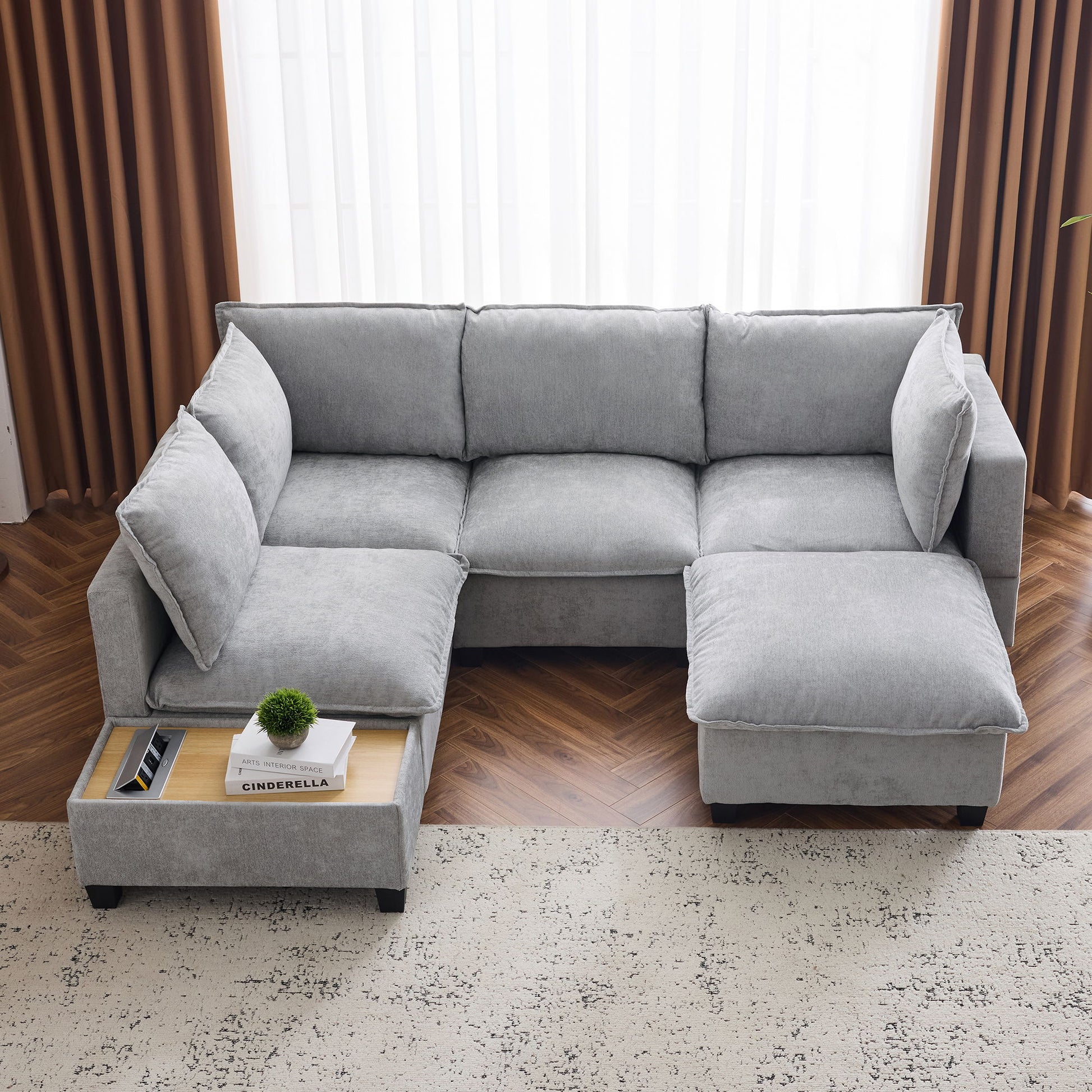 U-Shaped Sectional Modular Sofa With A Movable Ottoman, A Coffee Table With Hidden Charging Devices For Living Room Hearth and Haven