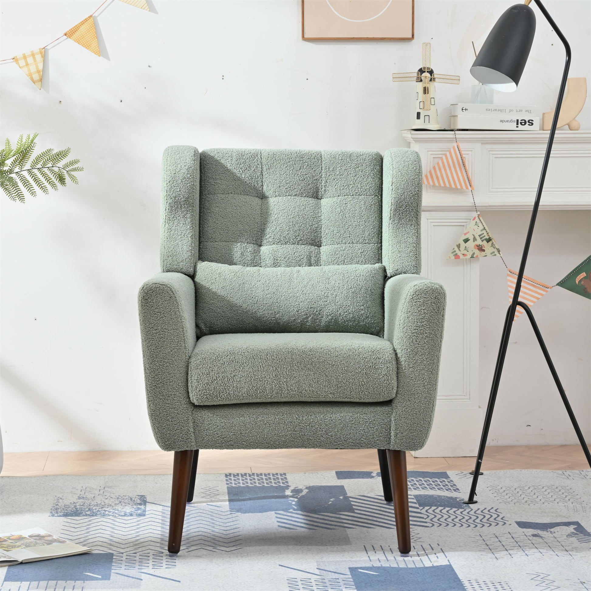 Modern Accent Chair, Teddy Fabric Living Room Chairs Comfy Reading Chair, Mid Century Accent Chair, Lounge Arm Chairs Armchair For Living Room Bedroom - Light Green Home Essentials