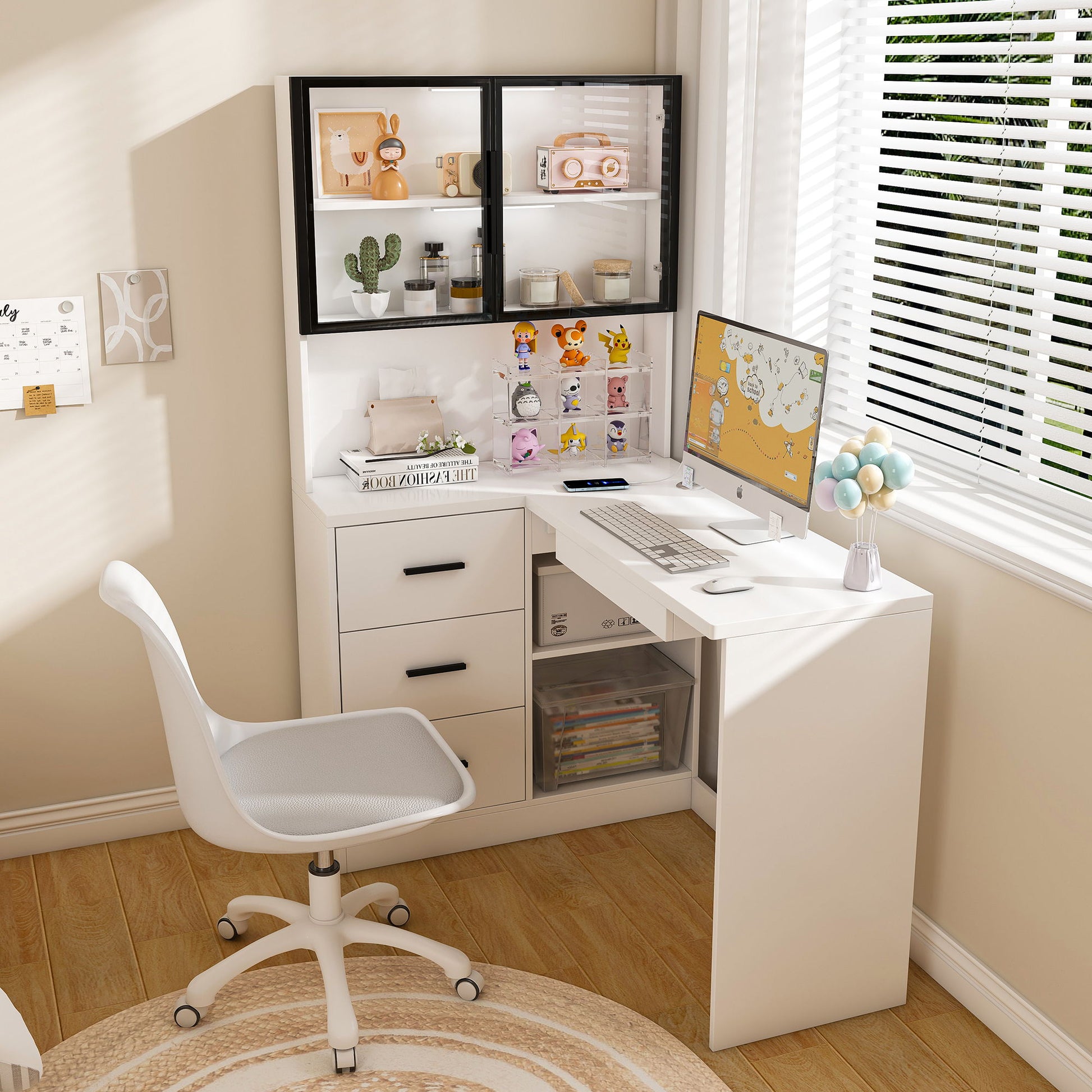 L-Shaped Computer Desk With Glass Cabinets, Built In LED Lights, USB Charging Ports Home Essentials