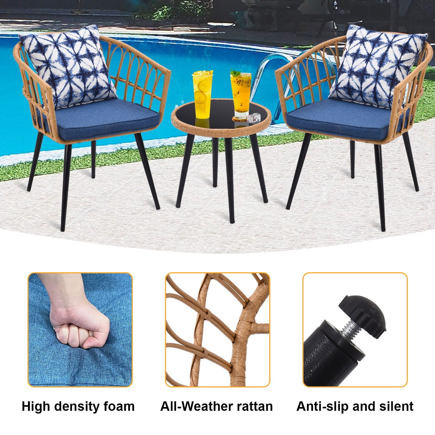 3 Piece Patio Bistro Set With Side Table, Outdoor PE Rattan Conversation Chair Set, Furniture Of Coffee Table With Glass Top, Cushions & Lumbar Pillows For Garden, Backyard, Balcony Or Poolside - Boho Blue