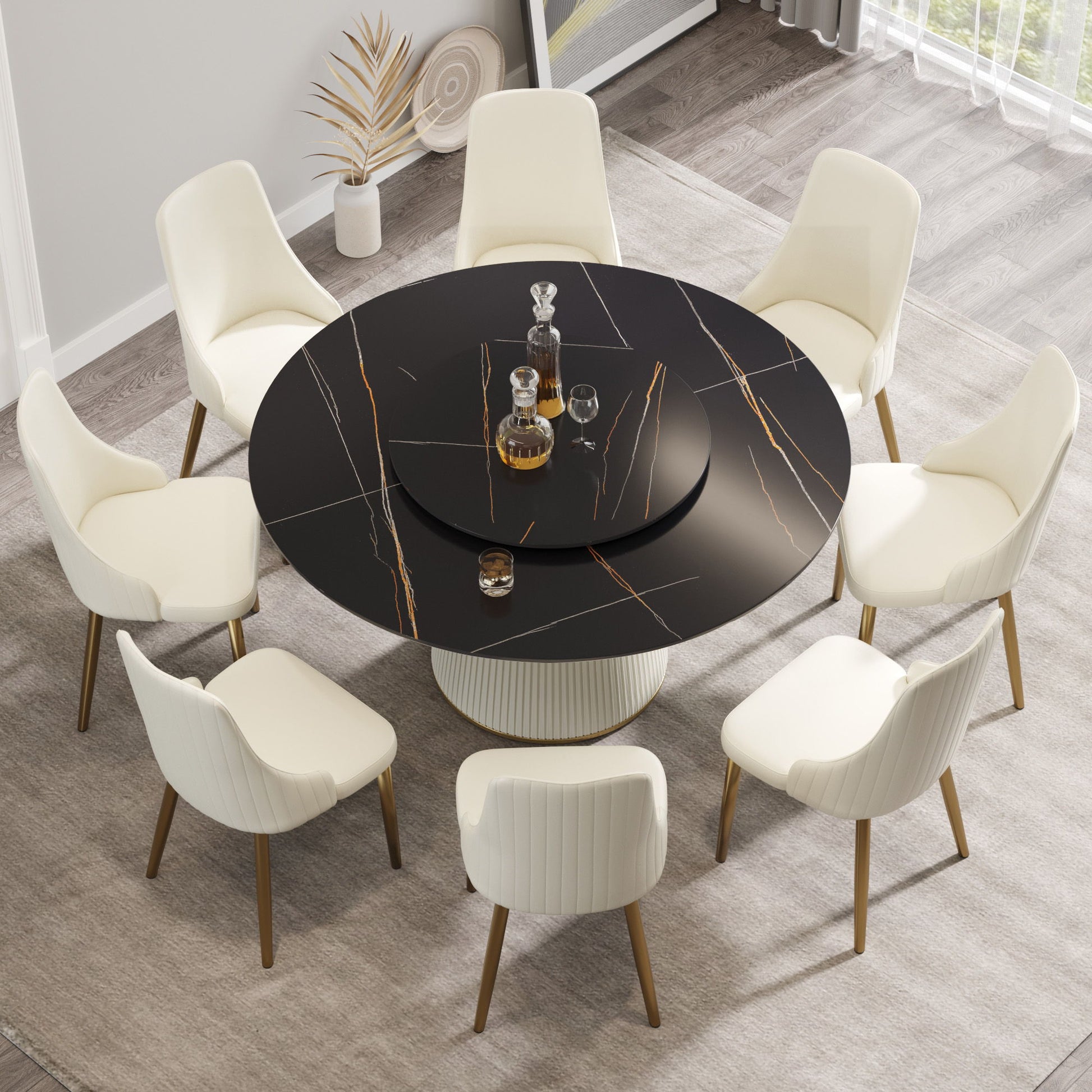 Modern Artificial Stone Round Plywood Base Dining Table, Can Accommodate 8 People Artificial Stone Turntable (Not Including Chairs) - Black / Beige Home Essentials