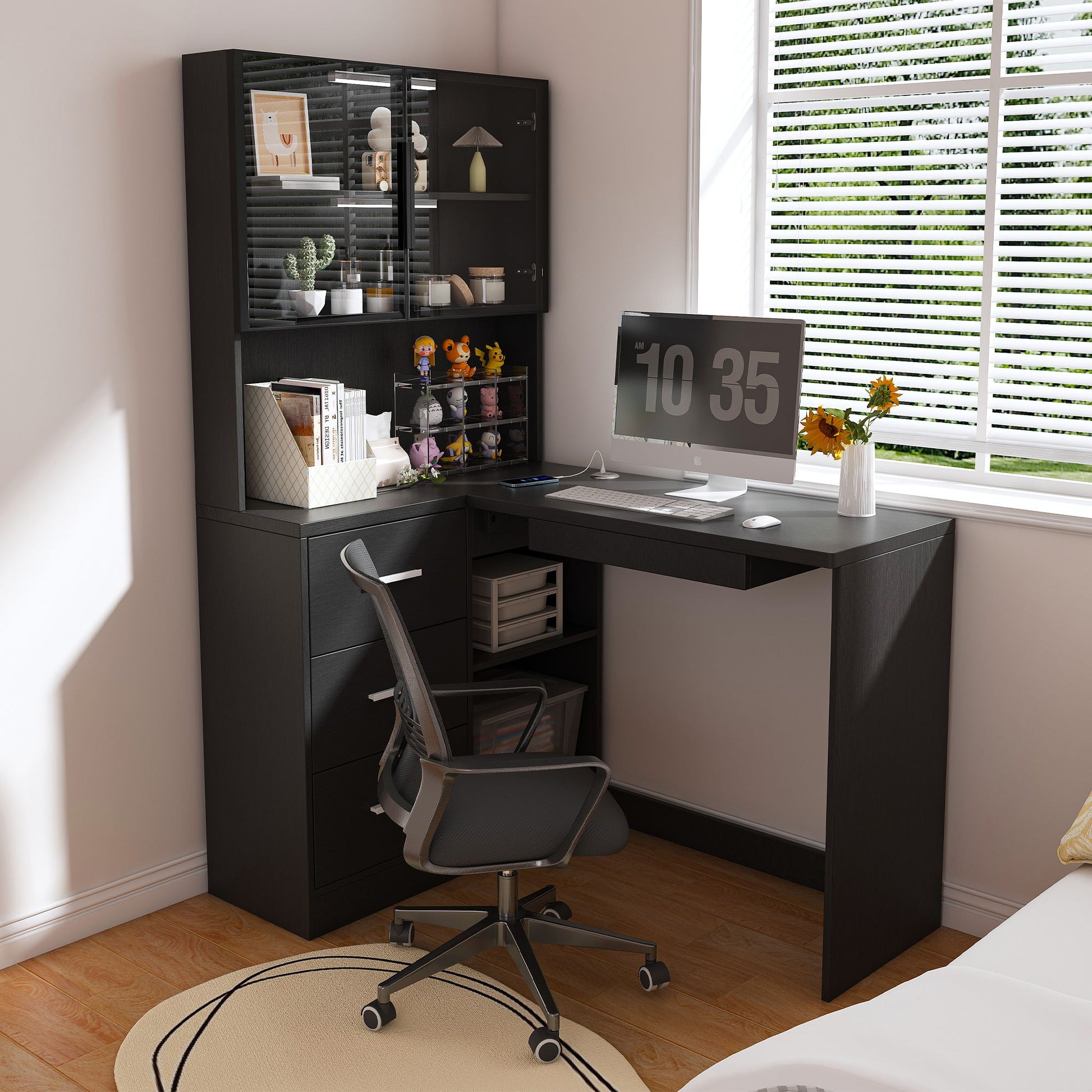 L-Shaped Computer Desk With Glass Cabinets, Built In LED Lights, USB Charging Ports Home Essentials
