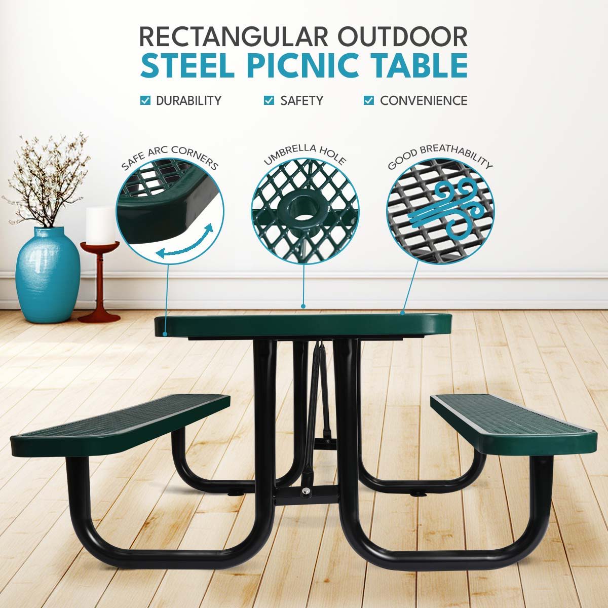 Outdoor Steel Picnic Rectangular Table With Umbrella Pole Home Essentials