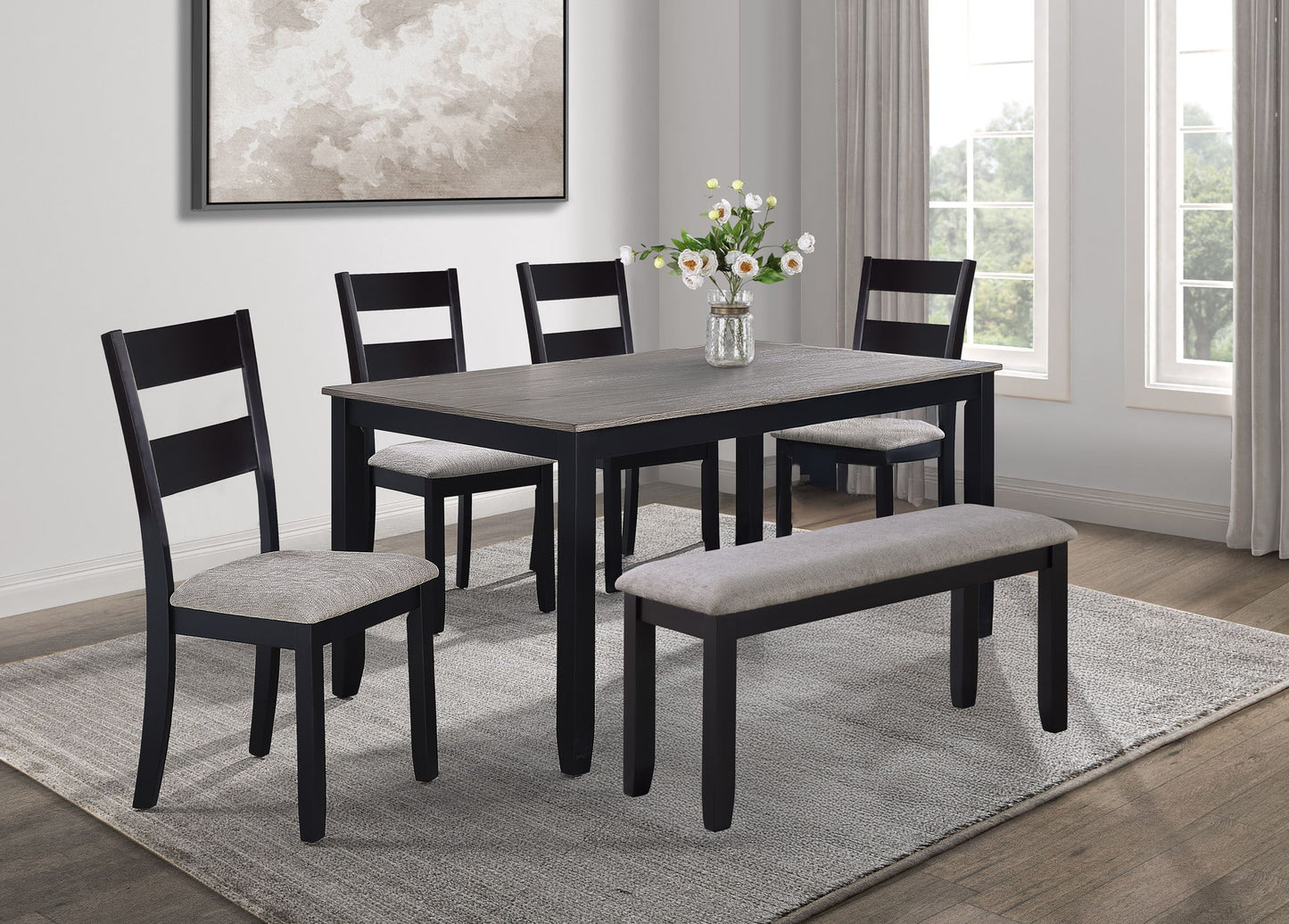 Lester - 6 Piece Dining Set With Bench - Light Gray Crown Mark