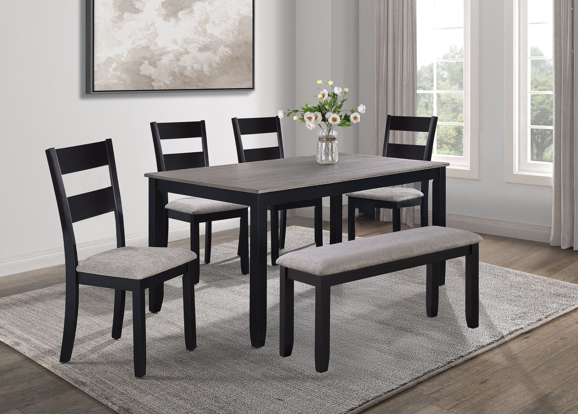 Lester - 6 Piece Dining Set With Bench - Light Gray Crown Mark
