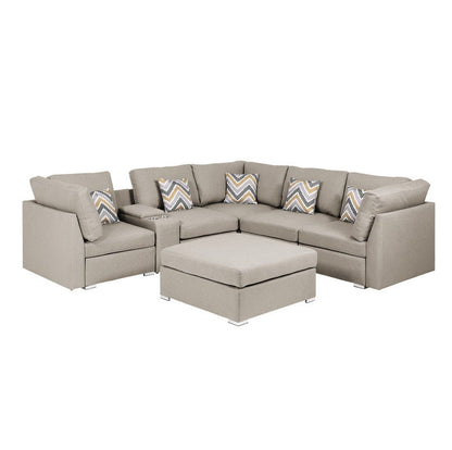 Amira - Fabric Reversible Sectional Sofa With USB Console And Ottoman