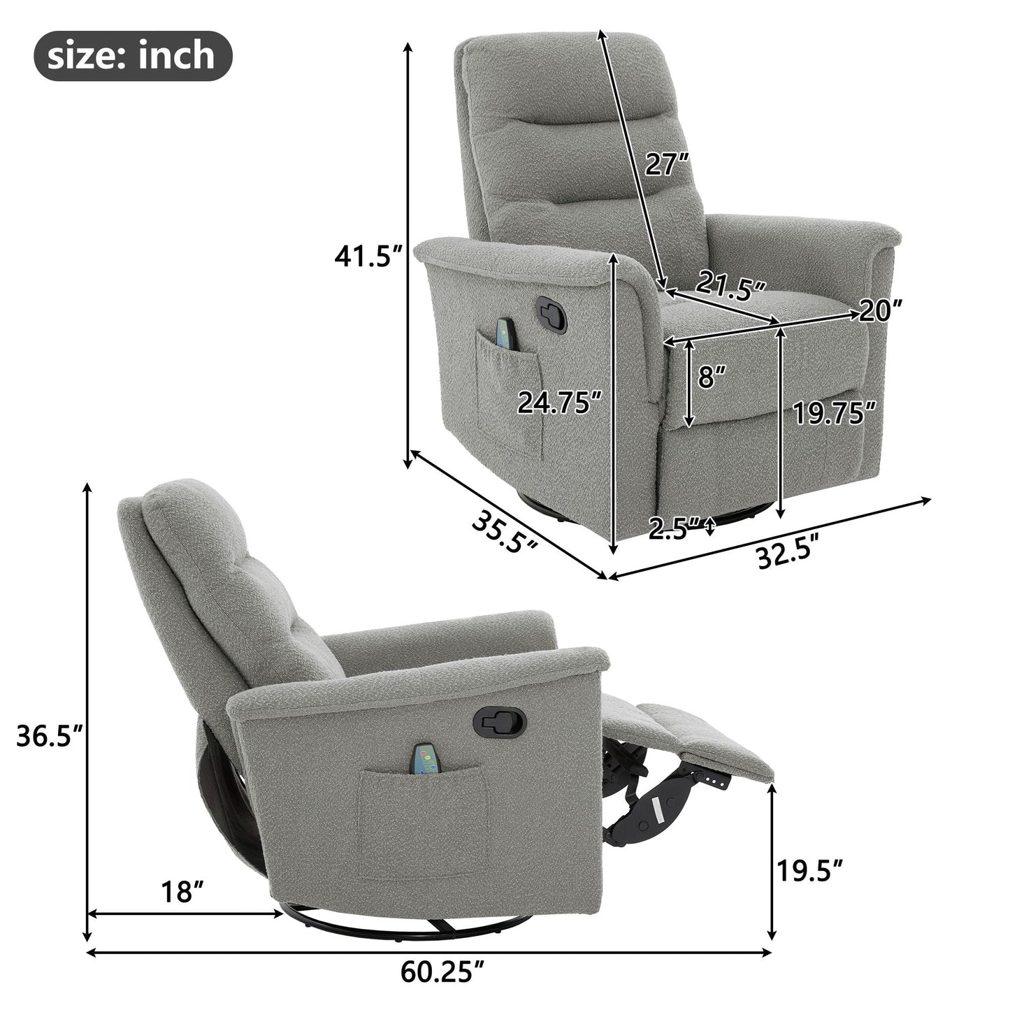 Manual Recliner Chair With 8 Point Massage And Swivel Function Noble House